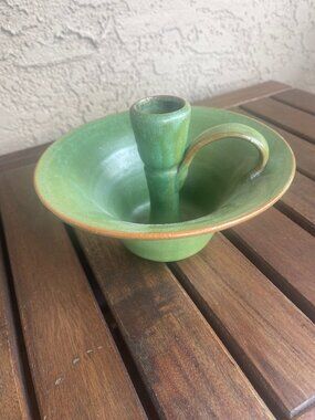 Vintage Owens Pottery Matte Green Chamberstick Candle Holder